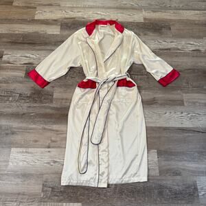 Vintage 90s Victoria’s Secret Satin Robe Ivory Red Glam Retro Loungewear Small